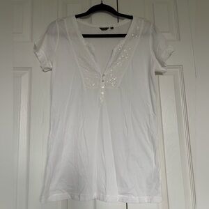 Eddie Bauer White Short Sleeve V-Neck Tee with Sequined Trim